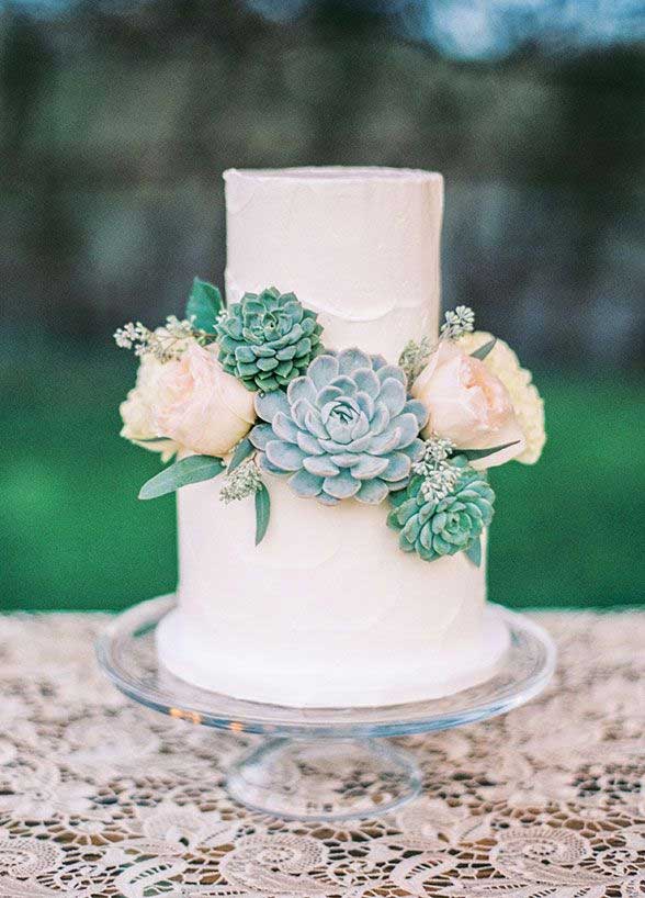 idées decoration du gateau de mariage avec des plantes grasses, des plantes succulentes, cactus